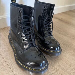 Dr. Martens Black Patent Lace-Up Combat Boots with Yellow Stitching